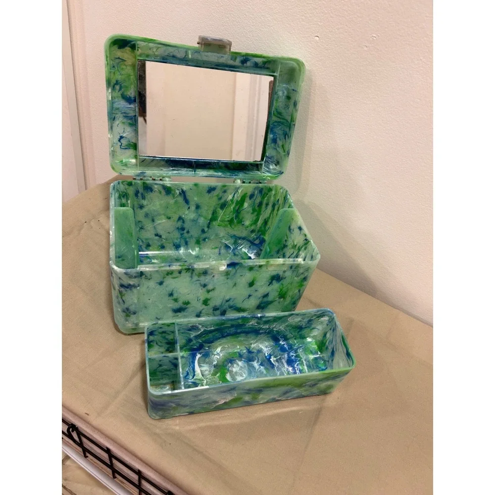 Vintage Green Blue Marbled Acrylic Makeup Train Case Vanity Box with Mirror Tray